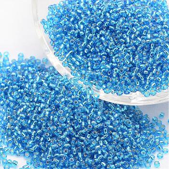 6/0 Transparent Glass Round Seed Beads, Grade A, Silver Lined, Dodger Blue, 3.6~4.0mm, Hole: 1.2mm, about 5000pcs/pound