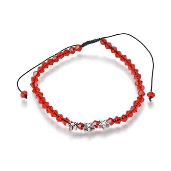 Adjustable Nylon Cord Braided Bead Bracelets, with Half-Handmade Transparent Glass Beads and Tibetan Style Beads, Star, Red, 2-1/8 inch(5.4cm)