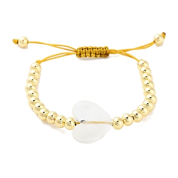 Handmade Lampwork Heart Bracelets, Adjustable 6mm Round Brass Braided Bead Bracelets for Women, Real 18K Gold Plated, WhiteSmoke, Inner Diameter: 1-7/8~3-1/8 inch(4.8~7.8cm), Heart: 19x20.5x7mm
