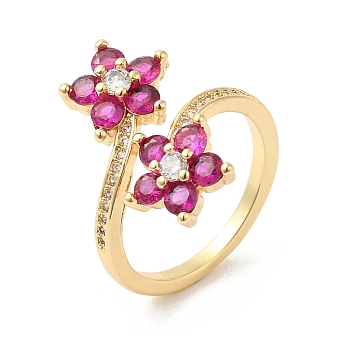 Cubic Zirconia Flower Open Cuff Rings, Real 16K Gold Plated Brass Jewelry for Women, Deep Pink, US Size 6(16.5mm)