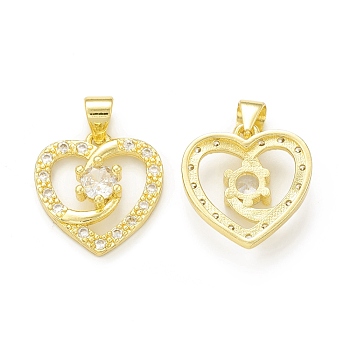 Rack Plating Brass Micro Pave Cubic Zirconia Pendants, Cadmium Free & Lead Free, Long-Lasting Plated, Heart Charm, Real 18K Gold Plated, 17x16x5mm, Hole: 4x3.5mm