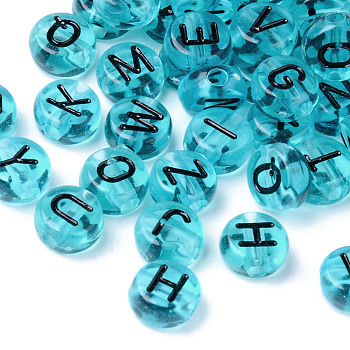 Transparent Acrylic Beads, Horizontal Hole, Flat Round with Random Letters, Sky Blue, 7x3.5mm, Hole: 1.8mm