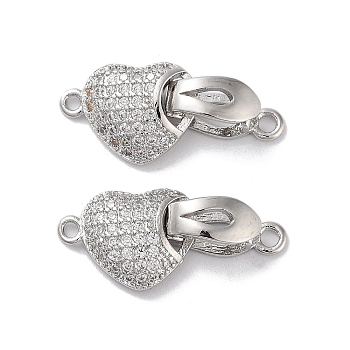 Brass Micro Pave Cubic Zirconia Fold Over Clasps, Heart, Real Platinum Plated, 9x20x5mm, Hole: 1.5mm