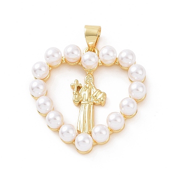 Brass with ABS Plastic Imitation Pearl Pendants, Heart with Priest Charm, Golden, 25.5x25x5mm, Hole: 3.5x5mm