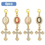 4Pcs Alloy Enamel & Rhinestone Pendant Decorations, Cross, with Alloy Lobster Claw Clasps, Golden, Mixed Color, 66mm(HJEW-YW00493-01)