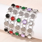 304 Stainless Steel and Glass Link Chain Bracelets for Women, Flat Round, Stainless Steel Color, Mixed Color, 7.48 inch(19cm)(GL-T001-03A)