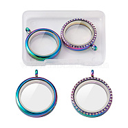 2Pcs 2 Style Alloy Magnetic Locket Pendants, Photo Frame Living Memory Floating Charms, with Glass Cover, Flat Round, Rainbow Color, 30x6.3mm, Hole: 4mm, 1pc/style(PALLOY-TA0002-33M)