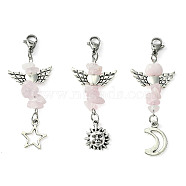 Natural Rose Quartz Chip Pendant Decorations, with Lobster Claw Clasps and Tibetan Style Zinc Alloy Charms, Star/Moon/Sun, 54~56mm, 3pcs/set(HJEW-JM01263-02)