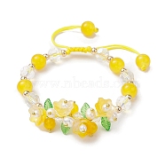 Flower Glass & Acrylic Braided Bead Adjustable Bracelets for Women, Gold, Inner Diameter: 2~3 inch(5~7.5cm)(BJEW-JB10446-04)