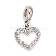 304 Stainless Steel European Dangle Charms, Large Hole Pendants, with Crystal Rhinestone, Heart, Stainless Steel Color, 25.5mm, Hole: 4mm, Heart: 15x14x2mm(STAS-I194-18P)