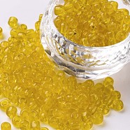 Glass Seed Beads, Transparent, Round, Yellow, 6/0, 4mm, Hole: 1.5mm, about 4500 beads/pound(SEED-A004-4mm-10)