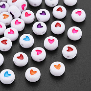Acrylic Beads, Flat Round with Heart, Mixed Color, 7x4mm, Hole: 1mm, about 3600pcs/500g(MACR-T009-08)