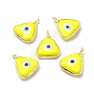 Handmade Lampwork Pendants, with Eco-friendly Light Gold Brass Findings, Long-Lasting Plated, Cadmium Free & Lead Free, Triangle with Evil Eye Charm, Yellow, 16x13.5x4~4.5mm, Hole: 2mm(LAMP-C009-01LG-05)