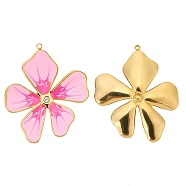 Stainless Steel Rhinestones Pendants, with Enamel, Golden, Flower Charms, Pink, 39x33mm, Hole: 1.5mm(PW-WG59494-02)