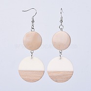Resin & Wood Dangle Earrings, with Platinum Tone Brass Earring Hooks and Acrylic Beads, Flat Round, BurlyWood, 80mm, Pendant: 28.5x3.5mm, Pin: 0.7mm(EJEW-JE03025-03)