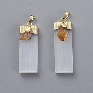 Natural Calcite Big Pendants, with Natural Citrine and Brass Findings, Rectangle, Golden, 55~63x16~23x12.5~15mm, Hole: 8x3~5mm(G-L547-002A-G)