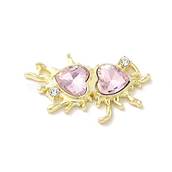 Alloy Connector Charms, Melting Heart Links with Glass, Lead Free & Cadmium Free, Light Gold, Pink, 24x40x6mm, Hole: 2.6x2mm and 2.6x2.8mm(PALLOY-K001-066G-03)