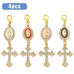 4Pcs Alloy Enamel & Rhinestone Pendant Decorations, Cross, with Alloy Lobster Claw Clasps, Golden, Mixed Color, 66mm(HJEW-YW00493-01)