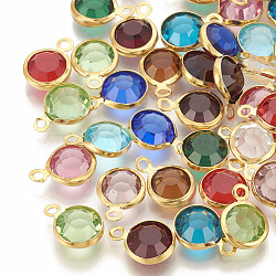 Glass Charms, with 304 Stainless Steel Finding, Flat Round, Faceted, Golden, Mixed Color, 12x8.5x4mm, Hole: 1.5mm(X-GLAA-S171-001)