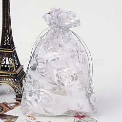 Rose Printed Organza Bags, Gift Bags, Rectangle, White, 14x10cm(X-OP-R021-10x15-03)
