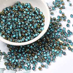 Glass Seed Beads, Half Plated, Inside Colours, Round Hole, Round, Medium Turquoise, 4x3mm, Hole: 1.4mm, 5000pcs/pound(SEED-H002-B-D223)