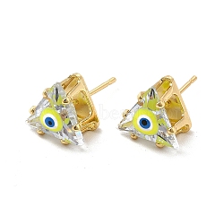 Glass Triangle with Enamel Evil Eye Stud Earrings, Real 18K Gold Plated Brass Jewelry for Women, Yellow Green, 10.5x11mm, Pin: 0.8mm(EJEW-P210-01G-02)