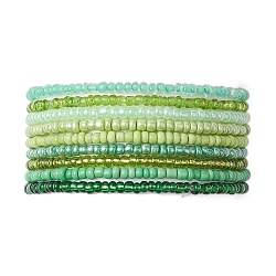 9Pcs Rondelle Glass Seed Beaded Stretch Bracelet Sets, Stackable Bracelets for Women, Green, Inner Diameter: 2-5/8 inch(6.7cm), about 9Pcs/Set(BJEW-JB10418)