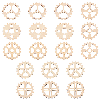 18Pcs 6 Style Unfinished Wooden Pieces, Wood Gears, for Crafts DIY Painting Supplies, BurlyWood, 98.5~100x98~100x2~2.5mm, Hole: 10~29.5mm, 3pcs/style