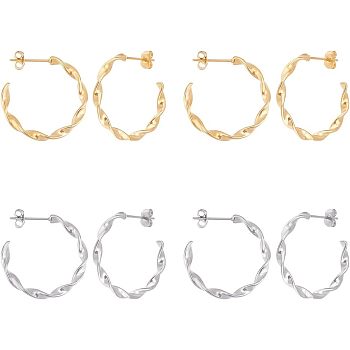 4 Pairs 2 Colors 201 Stainless Steel Wave C-shape Stud Earrings with 304 Stainless Steel Pins, Half Hoop Earrings for Women, Golden & Stainless Steel Color, 26.5x26.5x3mm, Pin: 0.8mm, 2 Pairs/color