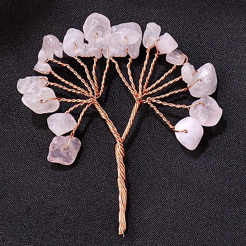 Natural Rose Quartz Chips Tree Decorations, Copper Wire Feng Shui Energy Stone Gift for Home Office Desktop, 50~55mm
