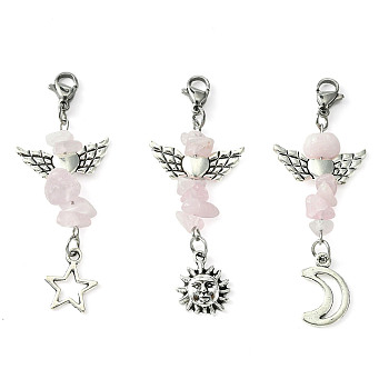 Natural Rose Quartz Chip Pendant Decorations, with Lobster Claw Clasps and Tibetan Style Zinc Alloy Charms, Star/Moon/Sun, 54~56mm, 3pcs/set