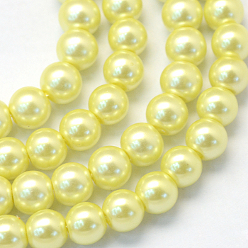 Baking Painted Pearlized Glass Pearl Round Bead Strands, Champagne Yellow, 8~9mm, Hole: 1mm, about 100~105pcs/strand, 31.4 inch