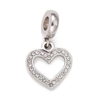 304 Stainless Steel European Dangle Charms, Large Hole Pendants, with Crystal Rhinestone, Heart, Stainless Steel Color, 25.5mm, Hole: 4mm, Heart: 15x14x2mm