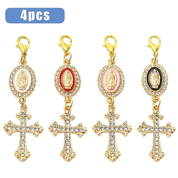 4Pcs Alloy Enamel & Rhinestone Pendant Decorations, Cross, with Alloy Lobster Claw Clasps, Golden, Mixed Color, 66mm