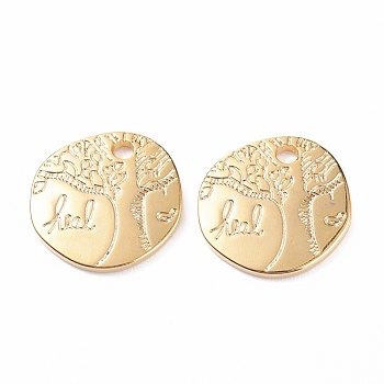304 Stainless Steel Pendants, Textured, Flat Round with Tree, Golden, 16x16x2mm, Hole: 2mm