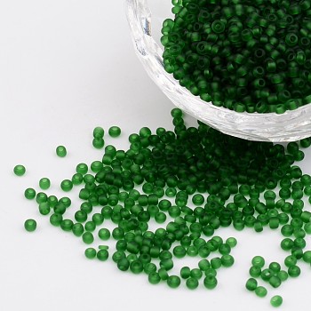 12/0 Frosted Round Glass Seed Beads, Green, Size: about 2mm in diameter, hole:1mm, about 3304pcs/50g