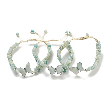 Natural Flower Amazonite Braided Round Bead Bracelets, Adjustable Brass Gems Butterfly Bracelets for Women, Inner Diameter: 2-1/8~3-1/4 inch(5.5~8.1cm)