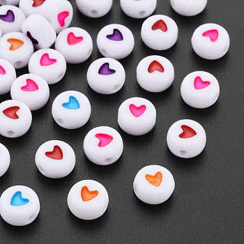 Acrylic Beads, Flat Round with Heart, Mixed Color, 7x4mm, Hole: 1mm, about 3600pcs/500g