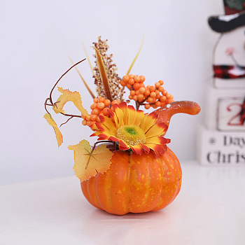 Foam Artificial Pumpkin with Leaf Decorations Ornaments, for Halloween Thanksgiving Autumn Decoration, Dark Orange, 200x105mm