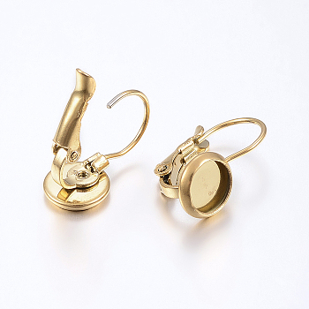 Ion Plating(IP) 304 Stainless Steel Leverback Earring Findings, Flat Round, Golden, Tray: 12mm, 22x14mm, Pin: 0.8mm