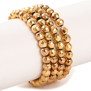 Electroplated Synthetic Non-magnetic Hematite Beads Strands, Nickel Free & Lead Free, Faceted, Round, Real 24K Gold Plated, 3mm, Hole: 0.8mm, about 145pcs/strand, 15.35''(39cm)