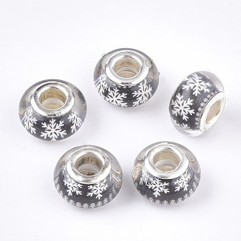 Resin European Beads, Large Hole Beads, with Brass Cores, Christmas Style, Rondelle, Silver Color Plated, Black, 13.5~14x9~9.5mm, Hole: 5mm