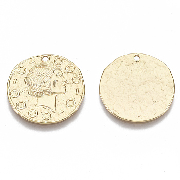Brass Pendants, Nickel Free, Flat Round with Human Head, Real 18K Gold Plated, 23.5x1mm, Hole: 1.6mm