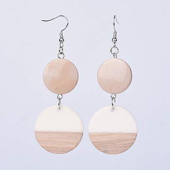Resin & Wood Dangle Earrings, with Platinum Tone Brass Earring Hooks and Acrylic Beads, Flat Round, BurlyWood, 80mm, Pendant: 28.5x3.5mm, Pin: 0.7mm