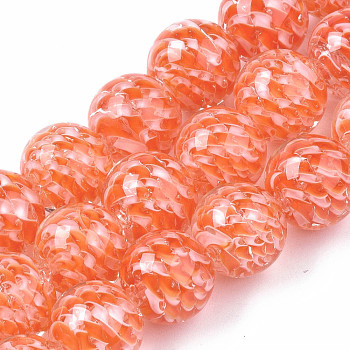Transparent Handmade Lampwork Beads Strands, Inner Flower, Round, Coral, 11.5~12.5mm, Hole: 1.5mm, about 45pcs/strand, 19.88 inch(50.5cm)