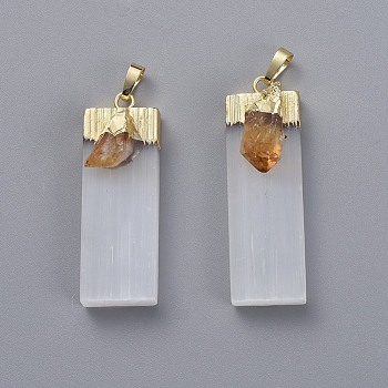 Natural Calcite Big Pendants, with Natural Citrine and Brass Findings, Rectangle, Golden, 55~63x16~23x12.5~15mm, Hole: 8x3~5mm