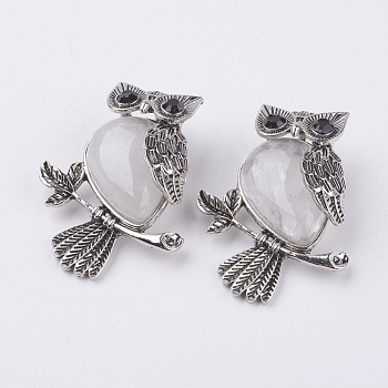 Natural Quartz Crystal Pendants, with Alloy Finding, Owl, Antique Silver, 46.5x35.5x11.5mm, Hole: 6x8.5mm