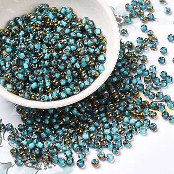 Glass Seed Beads, Half Plated, Inside Colours, Round Hole, Round, Medium Turquoise, 4x3mm, Hole: 1.4mm, 5000pcs/pound