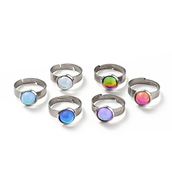 Flat Round K9 Glass Adjustable Ring, 304 Stainless Steel Jewelry for Women, Stainless Steel Color, Mixed Color, US Size 6 1/4(16.7mm), Ring Surface: 10x6mm