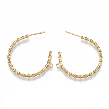 Brass Stud Earring Findings, Half Hoop Earrings, with Loop, Nickel Free, Real 18K Gold Plated, 31x32x2.5mm, Hole: 1.5mm, Pin: 0.8mm